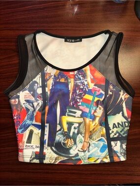 Top 10 USA Graphic Photo Collage Mesh Panel Sleeveless Crop Top Y2K Streetwear